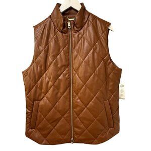 CHICO'S Faux Leather Vest Large (Chico 2) Brown Quilted Zip Front New Imperfect